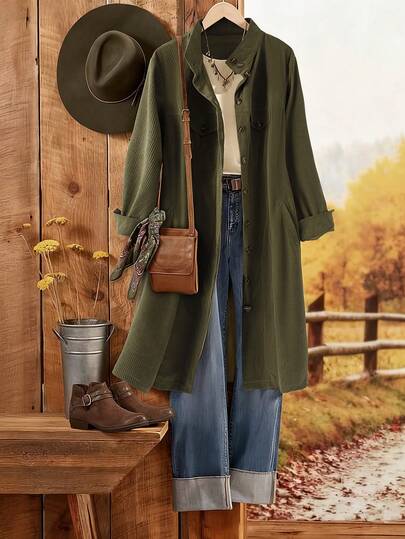 EMERY ROSE Plus Size Women Casual Everyday Commute Simple Solid Corduroy High Collar Single-Breasted Long Cardigan Jacket, Autumn/Winter Hobo Clothes Women Fall Women Clothes