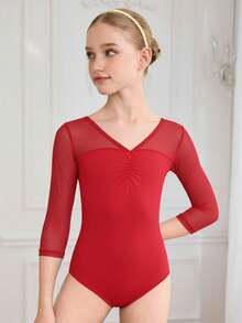 SHEIN 少女运动紧身衣，适合芭蕾舞、返校、健身、训练和休闲穿着。长袖，时尚网眼面料，高弹舒适，适合舞蹈运动。 - 紅色 - 查看 5