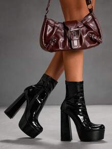 CUCCOO SZL Giày nữ ngoài trời, mũi tròn, gót dày, chống thấm nước, màu đen, chất liệu PU nhẹ, kiểu dáng thời trang, đơn giản, thoải mái, phù hợp đi hàng ngày, dự tiệc, hộp đêm, có khóa kéo bên hông. - màu đen - Xem 7