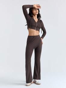 Loungeista 两件套女士连帽拉链长袖露脐上衣和喇叭裤家居服套装，休闲睡衣，适合户外穿着，秋冬季舒适保暖，秋季服装 - 棕色 - 查看 3