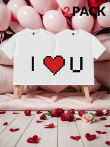 Manfinity VCAY 2pcs/Set Couple Matching Loose Fit Round Neck Short Sleeve T-Shirts, Heart & "I Love You" Print, Casual Everyday Wear - White - View 1