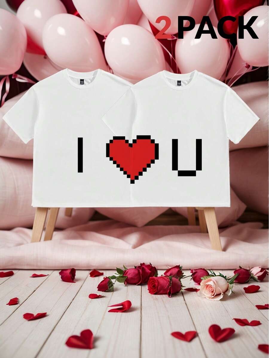 Manfinity VCAY 2pcs/Set Couple Matching Loose Fit Round Neck Short Sleeve T-Shirts, Heart & "I Love You" Print, Casual Everyday Wear - White - View 1