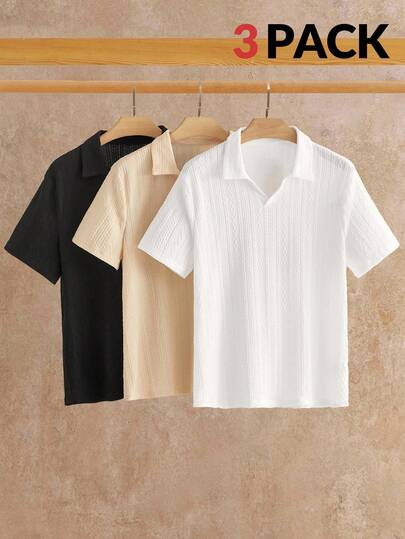 HIMLAND 3 件套男士休闲纯色 V 领短袖 Polo 衫，夏季