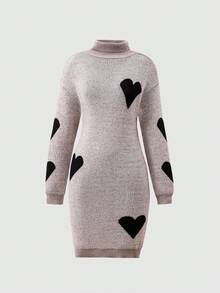 Sparklyn Teen GirlNew Autumn/Winter Slim Fit, Sweet Korean Style, Stylish Heart Design High Neck Knit Dress, Suitable For Home, Outing, Party, Back To School Heart Pattern Dress Sweater Dress Long Sleeve Dresses Turtleneck Dress Winter Dresses For Teens Teens Jumpers Dress - Grey - View 7