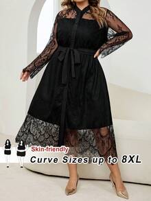 SHEIN CURVE+ 秋冬季优雅职场黑色针织蕾丝立领喇叭形撞色蕾丝长袖大码连衣裙 - 黑色 - 查看 4