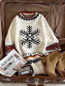 Easelle 女式雪花几何图案立领落肩长袖流苏下摆宽松毛衣，秋冬 - 彩色 - 查看 10