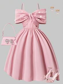 Sparklyn 女童优雅缎面超大蝴蝶结袖连衣裙，饰以仿珍珠蝴蝶结和围兜，A字裙摆，适合派对、庆典、圣诞舞会、婚礼宾客礼服、正式场合穿着。 - 粉色 - 查看 1