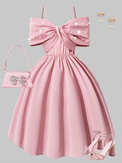 SHEIN Vestido A-Line de satén rosa suave elegante para fiesta de verano para niñas, con mangas de lazo oversize, decoración de lazo y pechera con perlas falsas, para baile de Navidad, invitada de boda y vestido formal