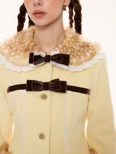 Kawaii Women's Fashionable Street Style Cute Patchwork Deer & Bow Decor Single-Breasted Cardigan, Autumn/Winter