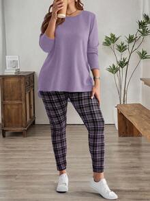 EMERY ROSE 大码女式冬季长袖T恤搭配格子打底裤套装，前短后长下摆，适合冬季、秋冬季穿着，两件套家居服，大码女装套装，外出服，2025新款，简约时尚，日常穿着，大码冬季服装，得体打底裤套装，舒适两件套，女士得体套装，舒适透气，适合圣诞节、新年、感恩节等节日穿着，女士家居服套装，女士睡衣 - 紫色 - 查看 3