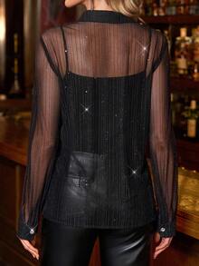 Gownix 女士优雅派对银箔前扣透视衬衫，秋季短款女士夏季上衣长袖上衣女士外出上衣 - 黑色 - 查看 5