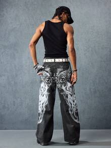 ROMWE MEN Street Life Men's Letter & Wing Graphic Wide Leg Casual Loose Fit Jeans, Street Fashion - Black - View 4