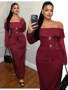 SHEIN SXY 1pc Elegant Off Shoulder Burgundy Metallic Rose Blouse Set, Business Attire, Red , Christmas ,New Year , Thanksgiving Outfit For Women ,Elegant ,Stylish Clothing Collection,Business Casual Outfits Women, Long Sleeve Elegant Set, Classy Off Shoulder Top And On Shoulder Set, 2 Piece Lounge Sets Woman, Elegant 2 Piece Set, 2 Piece Sets Woman Classy - Burgundy - View 4