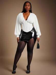 Radiana Plus Size Women Chiffon Shoulder Ruched Waist Fishbone White Blouse, Autumn/Winter/Valentine's Day - White - View 7