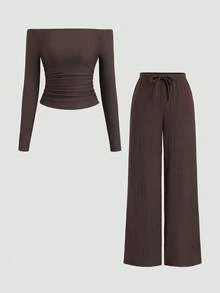 Sweetra Women's New Basic Versatile 2 Pieces Set, Solid Color Off-Shoulder Long Sleeve Top & Casual Drawstring Wide Leg Pants Suit Fall Cloth For Women