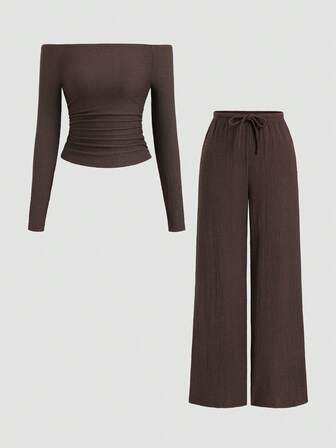 Sweetra Women's New Basic Versatile 2 Pieces Set, Solid Color Off-Shoulder Long Sleeve Top & Casual Drawstring Wide Leg Pants Suit Fall Cloth For Women