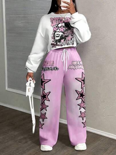 Slaydiva 女士休闲街头风宽松运动两件套适合秋冬女士两件套适合街头风嘻哈人像印花星星印花