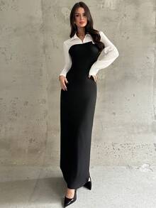 Firerie 女士新款优雅简约日常休闲通勤修身连衣裙，黑白撞色长袖衬衫裙，秋冬新款衬衫裙，适合办公室工作服、教师装、外出穿着，是秋季女士服装的理想之选。 - 黑與白 - 查看 5