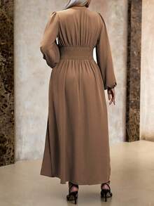 Roveilla 大码休闲纯色灯笼袖侧开衩连衣裙，春秋季女士长款套装 - 摩卡棕 - 查看 2