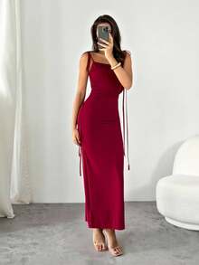SHEIN Tall Váy đuôi cá hở lưng gợi cảm, cổ yếm, viền đuôi cá, thanh lịch cho ngày lễ tình nhân, tiệc cocktail, buổi hẹn hò lãng mạn, váy lưới đan, tiệc tùng, tụ họp trang trọng, váy phù dâu, đi chơi đêm, Halloween, Giáng sinh, váy dài, phù hợp cho mùa xuân/hè và mùa thu/đông - Màu Đỏ Sâu - Xem 5