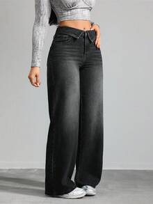 Tall Jeans casuales para mujer de talle bajo, corte recto, holgados, pantalones vaqueros azules para mujer de talla grande - Negro 2 - Ver 6
