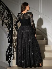 Clasi Vestido elegante de encaje y parches para fiesta de talla grande - Negro - Ver 8