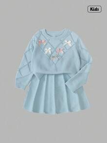 Sweetra Conjunto de 2 piezas de punto para niñas preadolescentes, suéter con decoración de moño 3D y falda plisada, conjunto de invierno lindo y elegante