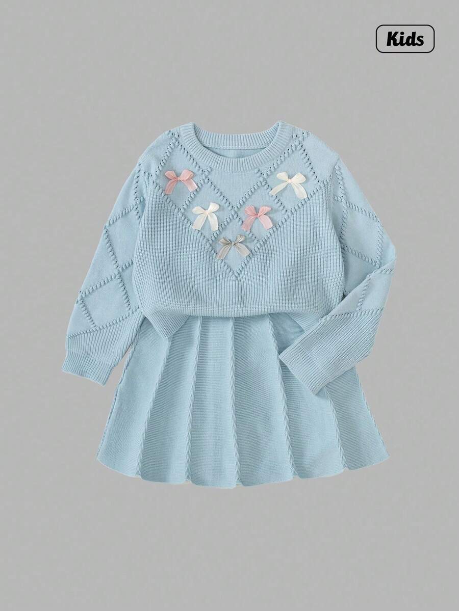 Sweetra Conjunto de 2 piezas de punto para niñas preadolescentes, suéter con decoración de moño 3D y falda plisada, conjunto de invierno lindo y elegante