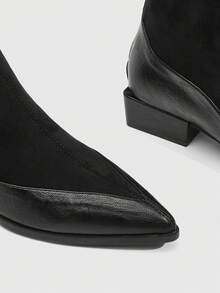 Daringsoles 女式尖头及膝一脚蹬靴，黑色光滑皮革粗跟中筒性感百搭高筒靴 - 黑色 - 查看 11