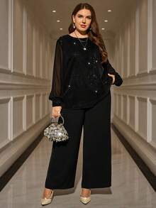 EMERY ROSE 大码女士优雅黑色亮片拼接上衣和裤子两件套，带口袋，秋冬款 - 黑色 - 查看 1