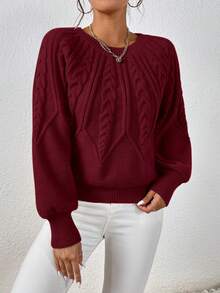 SHEIN LUNE Women's Casual Solid Color Round Neck Raglan Sleeve Loose Knit Sweater, Autumn/Winter - Burgundy - View 5