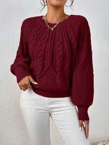 SHEIN LUNE Women's Casual Solid Color Round Neck Raglan Sleeve Loose Knit Sweater, Autumn/Winter - Burgundy - View 7