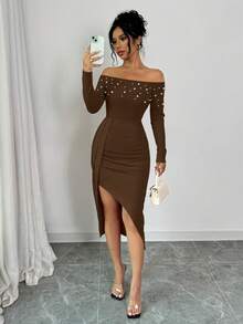 Elenzga Women's Open Shoulder Long Sleeve Ruched High Slit Pearl Design Bodycon Dress For New Year Clothes - Brown - View 3