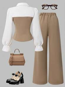 SHEIN Sparklyn 少女撞色长袖灯笼袖V领开衩衬衫及配套套装 - 彩色 - 查看 2