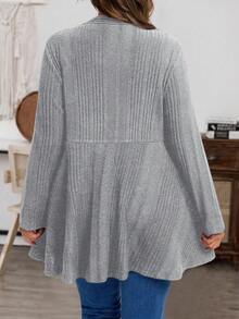 SHEIN CURVE+ 大码女式常规款外套，罗纹绒面针织弹力开衫，黑色，适合秋冬季穿着。 - 灰色 - 查看 2