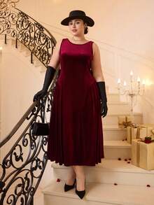 Plus Size Vintage Red Open Back Bow Tie A-Line Midi Dress, Wedding Dress, Date Dress, Valentine's Day Dress - Red - View 8