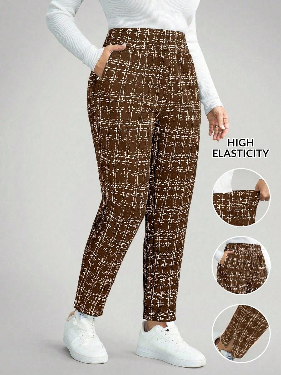 Comfylo 大码女式波点印花休闲裤，带口袋和侧开衩，适合度假、新年、冬季、情人节、商务休闲等场合。 - 摩卡棕 - 查看 1