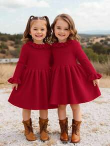 SHEIN Babygirl Cute Solid Color Knitted Long Sleeve Dress, Autumn/Winter - Red - View 11