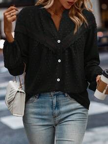 EMERY ROSE 女式前扣长袖拼布衬衫，休闲日常女式衬衫 - 黑色 - 查看 4