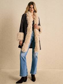 Poéselle 女士时尚毛绒拼接外套，秋冬季，人类学家风格，70年代女装，长款外套 - 咖啡棕 - 查看 3