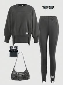 SHEIN Bộ áo nỉ dài tay cổ tròn thoải mái, tối giản, rộng rãi, thiết kế đường may và quần bó cho bé gái tuổi teen - Màu Xám nhạt - Xem 9