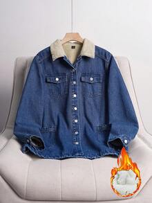 EMERY ROSE 女士时尚牛仔外套，带保暖内衬，秋冬季 - 深色水洗藍 - 查看 1