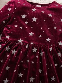 少女优雅可爱星形图案丝绒红色长袖连衣裙 - 酒紅色 - 查看 6