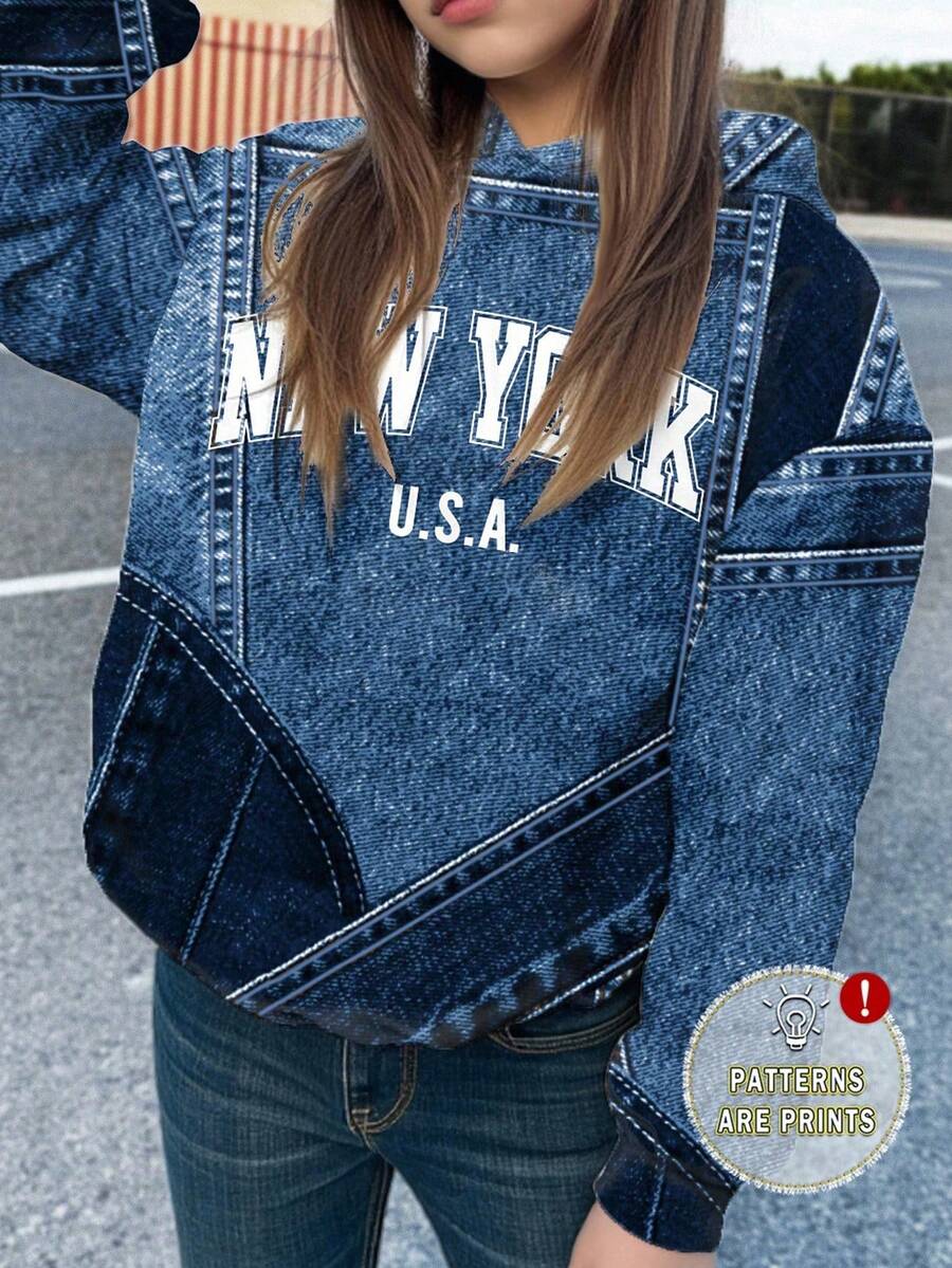 SHEIN EZwear Street Patchwork New York City Text Graphic Print Sweatshirt, Suitable For Fall/Winter - Multicolor - View 1