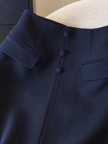 GlowEve 藏蓝色女士收腰直筒半身裙，前开衩设计，仿翻盖口袋，优雅中长裙