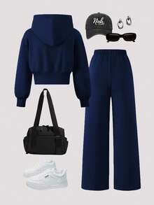 Setelan 2 Potong untuk Anak Perempuan: Sweater Hoodie dan Celana Panjang Rajut Kasual Warna Polos dengan Cetakan Huruf Grafis di Bagian Depan dan Bahu Longgar - Royal Blue - View 2