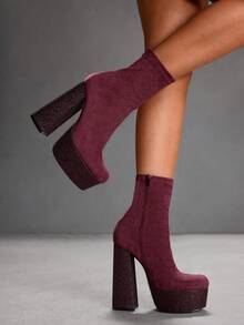 CUCCOO SZL 酒红色绒面革方头厚底粗跟弹力时尚正式派对性感侧拉链踝靴，女士圣诞节礼物 - 酒紅色 - 查看 5