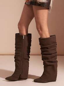 SHUZIA Women's Fashionable Comfortable Knee-High Pointed Toe Slouch Wedge Boots, Suitable For Daily Casual & Holiday Wear For Christmas - Chocolate Brown - View 2