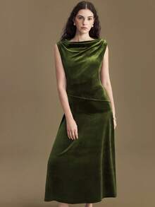 Ontre Women's Olive Green Velvet Fabric Comfortable Soft Off Shoulder Ruched Ruched Design Waist Slanted Split Flared Hem Patchwork All-Season Versatile Modern Urban Casual Business Office Dress, Low-Key Elegant High-Quality Airport Outfit, High-End Cruise Wear, Christmas New Year Party Dress New Year Look High-End, Elegant, Old-Fashioned Cruise Attire For Wedding Guests Christmas Evening Clothes New Year Atmosphere Holiday Party Women's Clothing Waist Detail Flared Dress