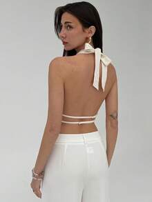 Aloruh 浪漫约会性感波西米亚风露背水钻装饰杏色女士吊带背心 - 杏色 - 查看 2